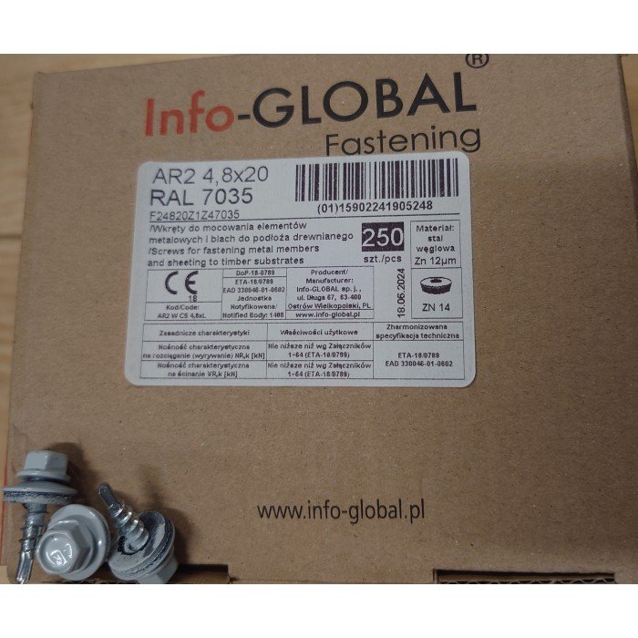 Stogo sraigtai 4,8×20 mm RAL 7035, 250 vnt.